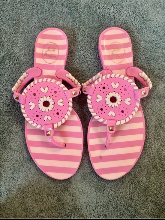 Jack Rogers Shoes - Jack Rogers Pink Stripe Jelly Thong Sandals Whipstitch Medallion Women’s Size 8